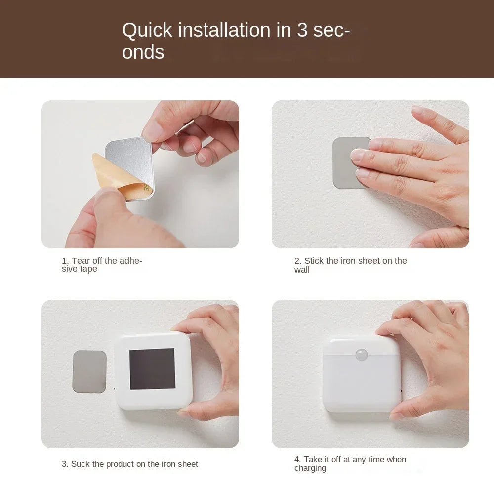 Demonstration showing the quick installation of a white motion sensor night light onto a wall using an iron sheet.