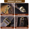 Nahaufnahme von Details einer Vintage-Ledertasche mit strapazierfähiger Hardware, Knopfform, verstellbarem Riemen und Nieten
