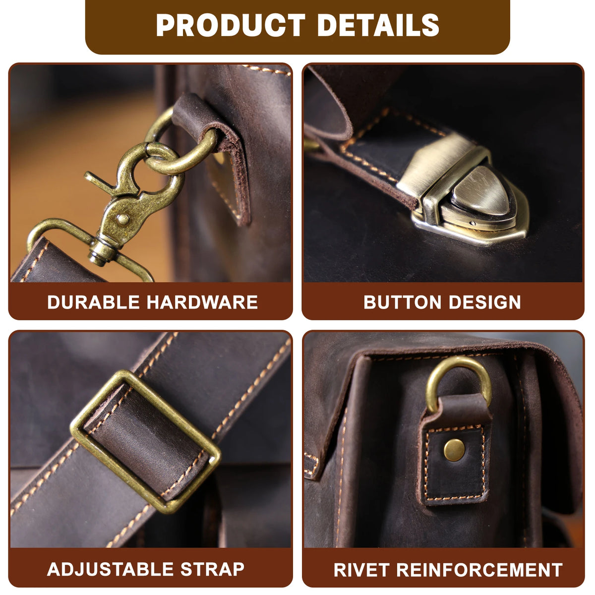 Nahaufnahme von Details einer Vintage-Ledertasche mit strapazierfähiger Hardware, Knopfform, verstellbarem Riemen und Nieten