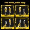 Four modes of a retractable fast charging cable showing USB-for-ios, USB+Type-C, Type-C+for_ios, and Type-C+Type-C connection
