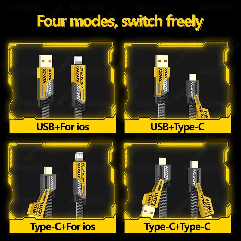 Four modes of a retractable fast charging cable showing USB-for-ios, USB+Type-C, Type-C+for_ios, and Type-C+Type-C connection