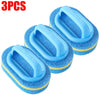 Three blue sponge cleaning brushes with handles shown on a white background.