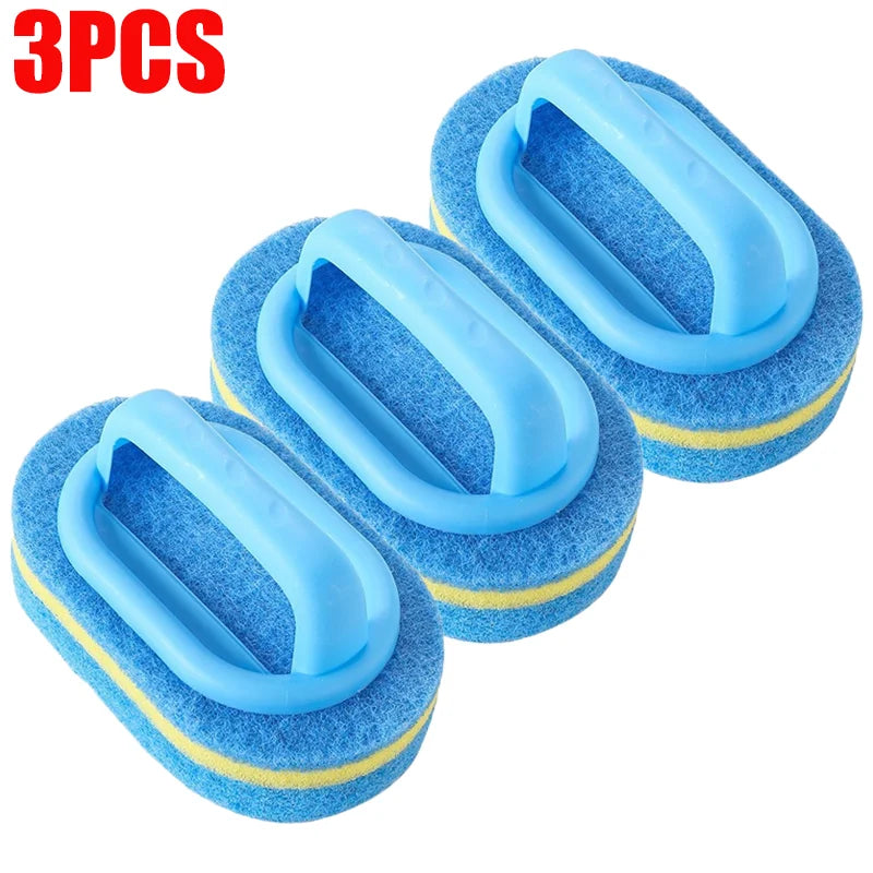 Three blue sponge cleaning brushes with handles shown on a white background.