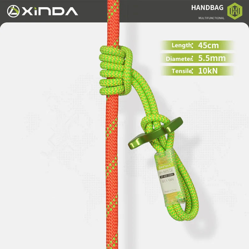 A green auxiliary rope with a yellow clip is shown against a white background.