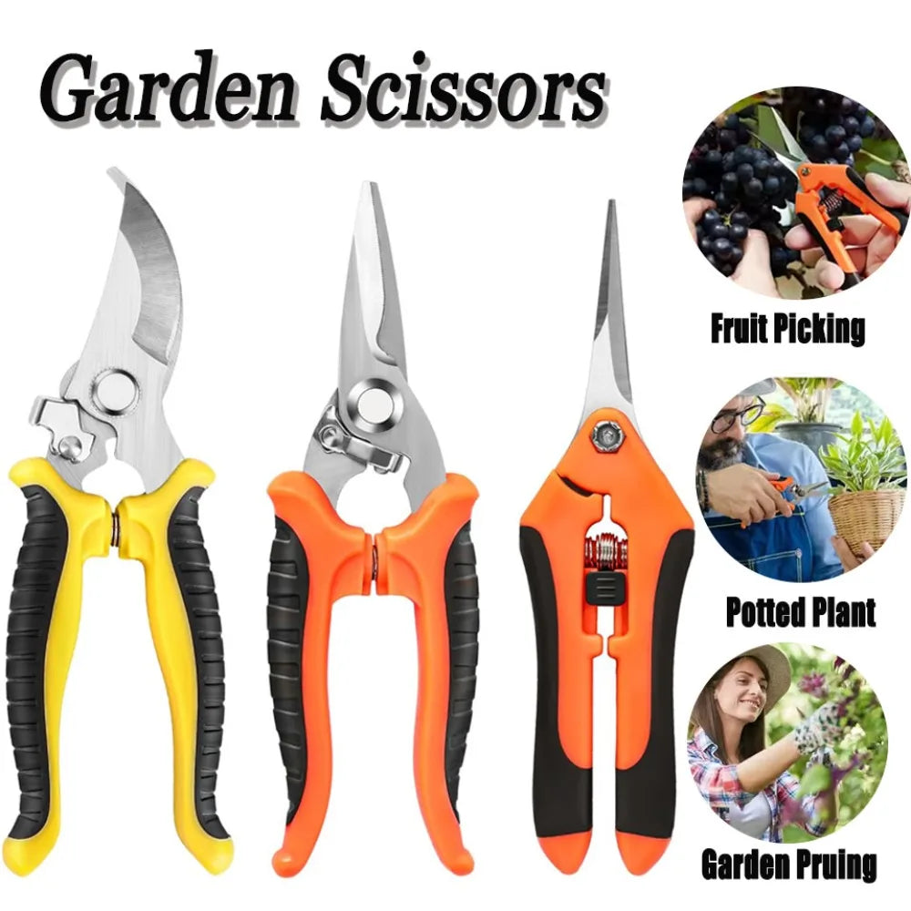 A set of three stainless steel garden scissors in orange and black handles for fruit picking, potted plants, and garden pruni