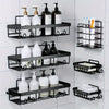 A set of six black adhesive wall-mounted shower shelves for organizing bathroom products.