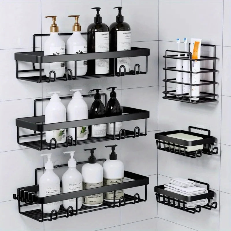 A set of six black adhesive wall-mounted shower shelves for organizing bathroom products.