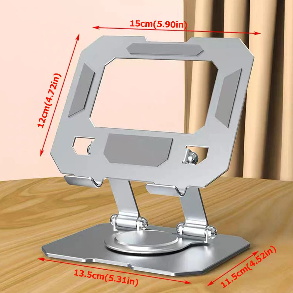 A silver adjustable tablet stand designed for phones and tablets, shown with dimensions.