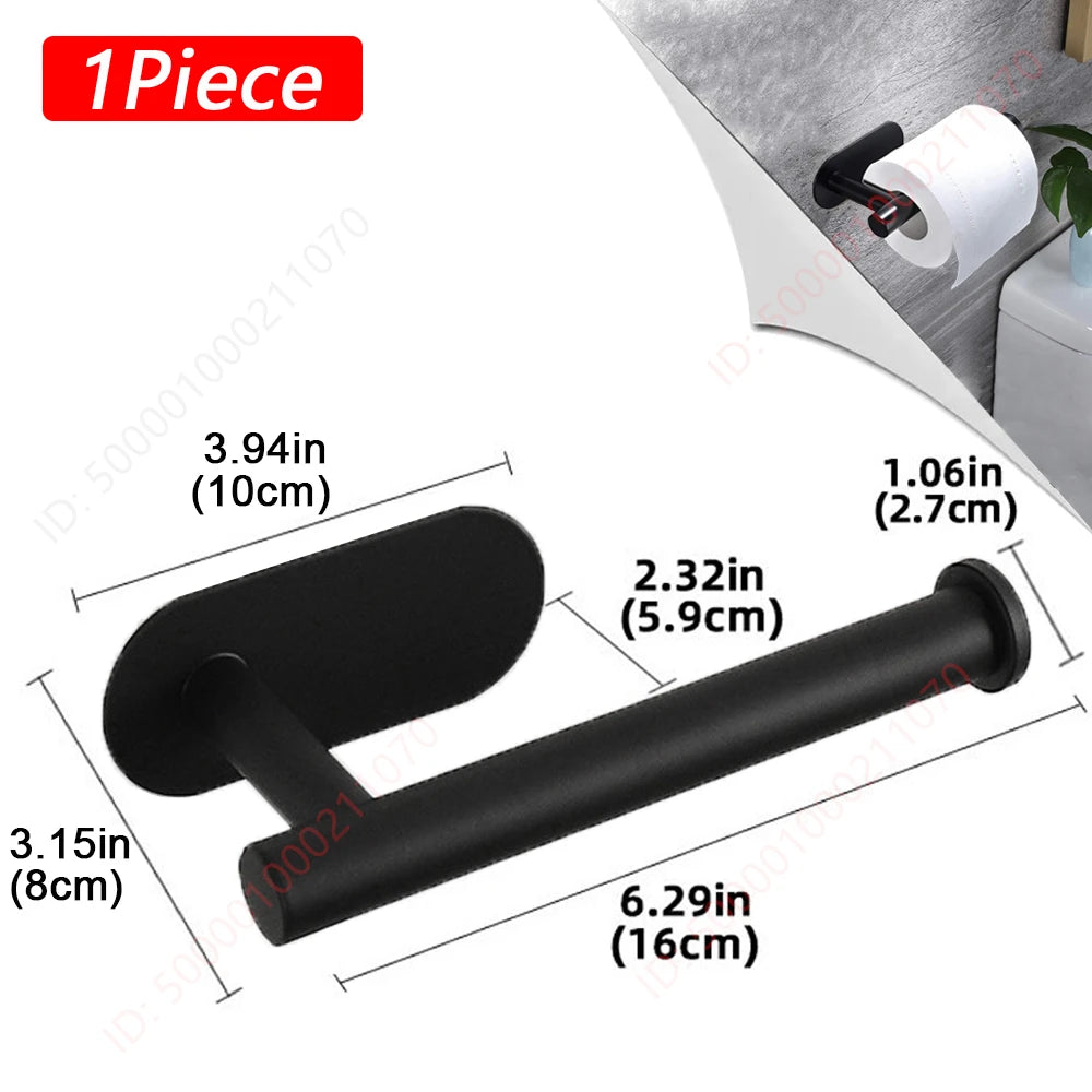 A black adhesive stainless steel toilet paper holder with a 3.94-inch bar and a 1.06-inch holder.