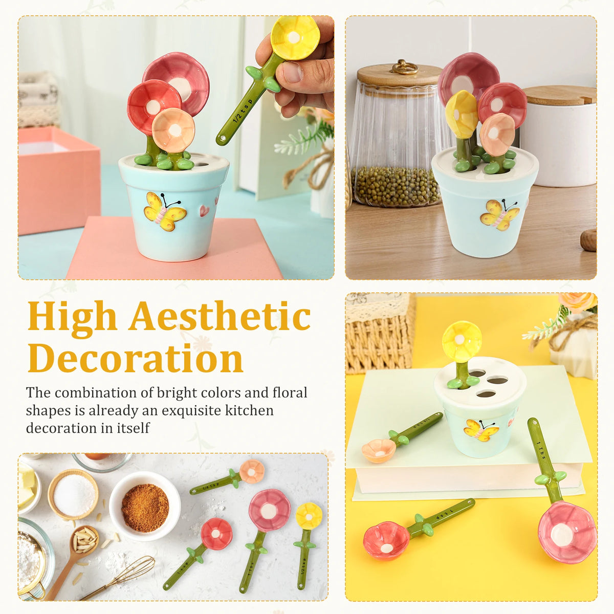 A set of ceramic flower-shaped measuring spoons and a stand with bright yellow, pink, and orange colors.