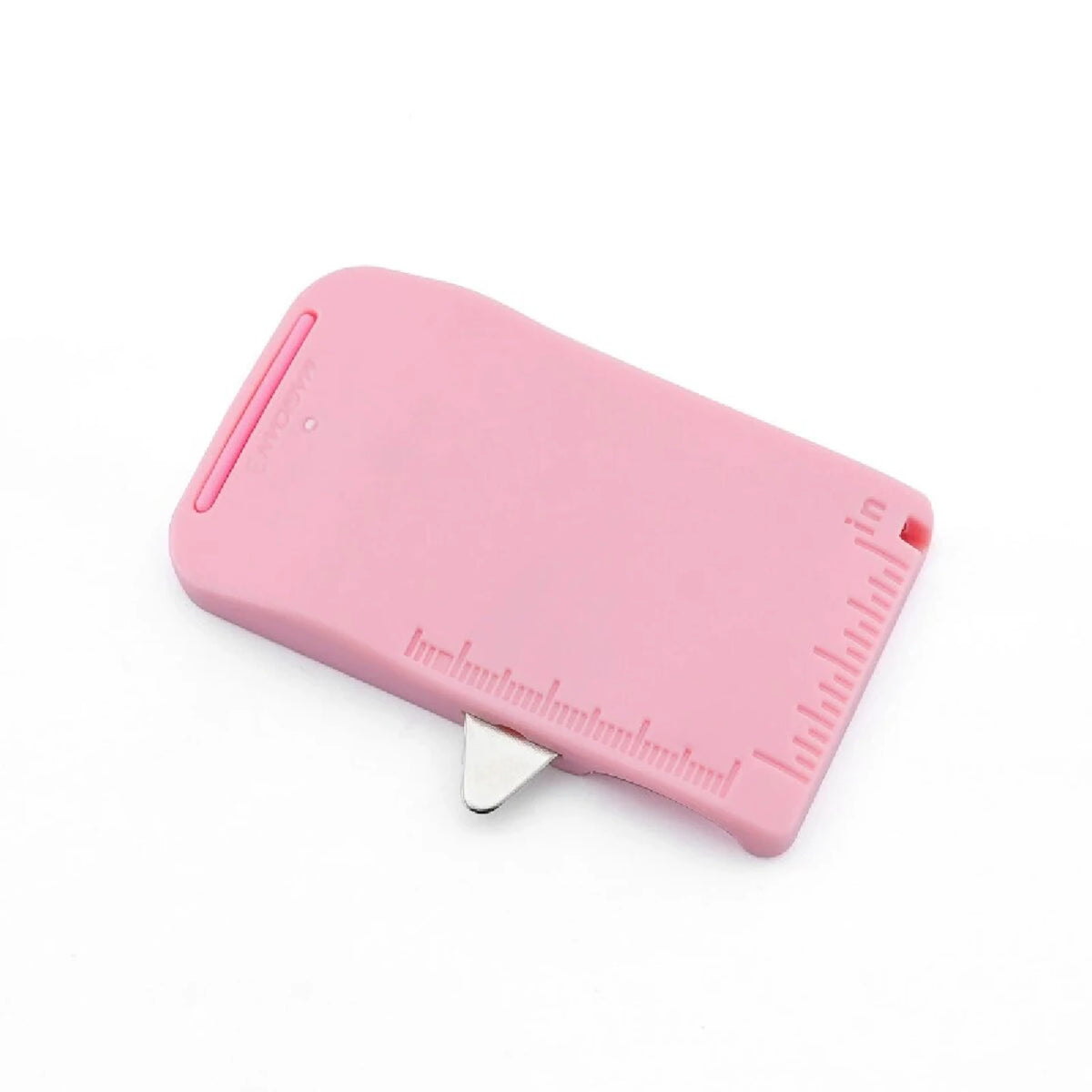 A pink magnetic sewing guide gauge with a ruler and seam ripper tool.
