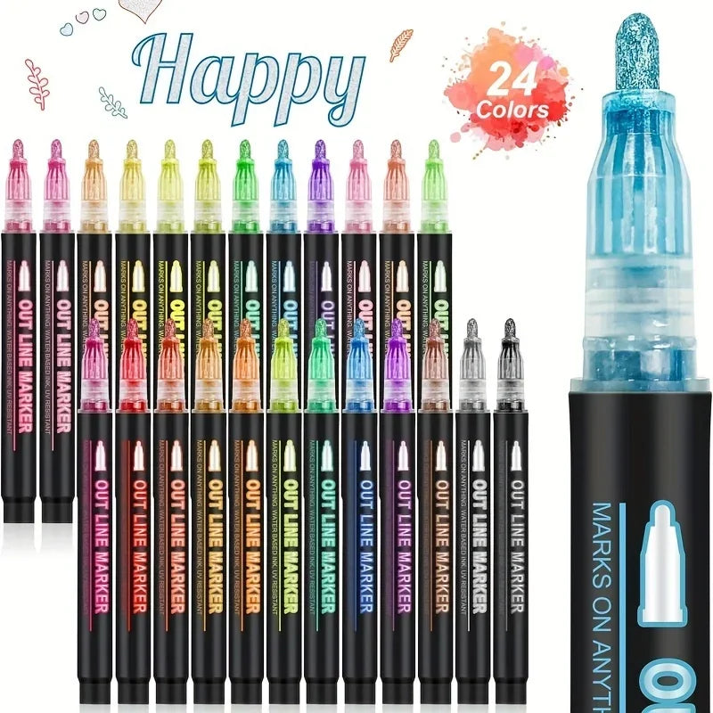 Double Line Outline Pens with Metallic Glitter (Set of 8)
