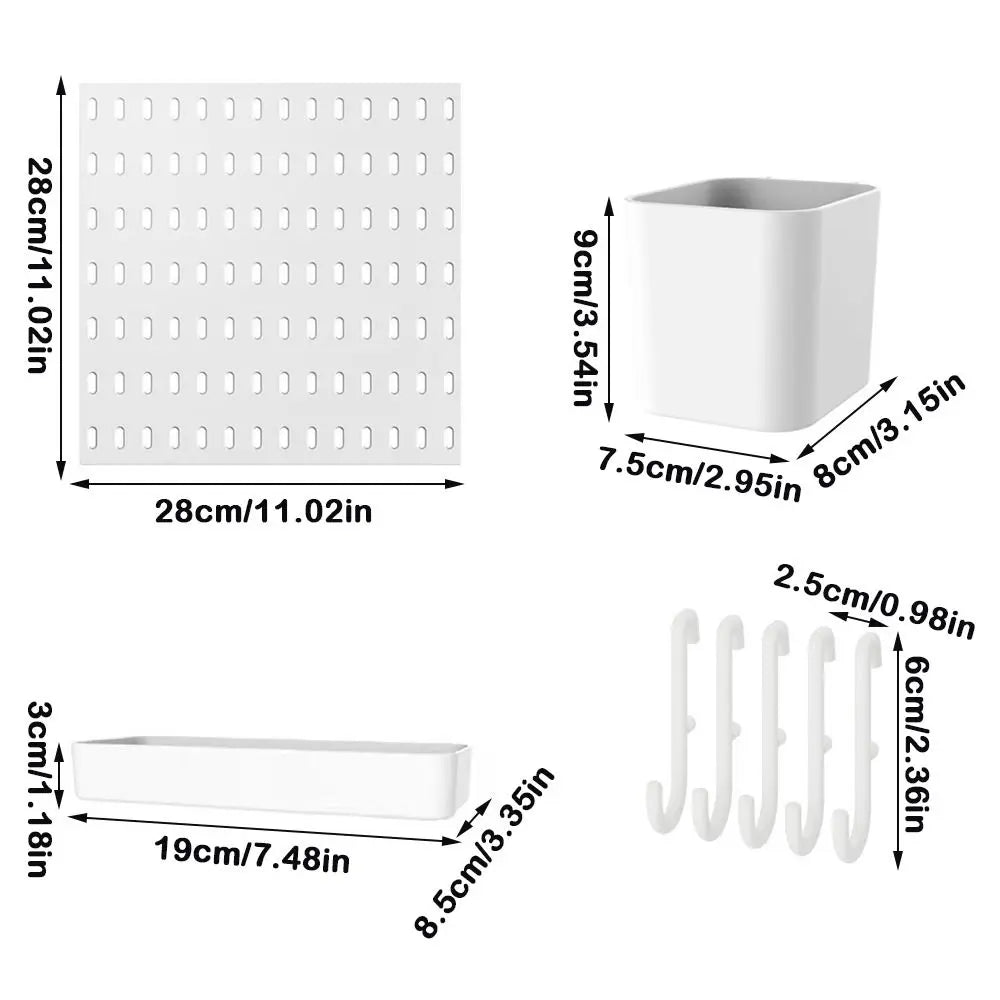 White wall-mounted pegboard organizer with hooks and storage boxes shown in various dimensions.