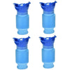 A set of blue portable urinals for travel and outdoor use, shown in various orientations.