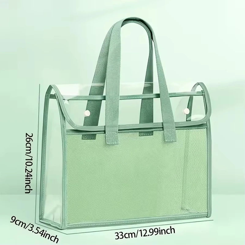 A clear, expandable mesh document folder with a green fabric handle and transparent sides.