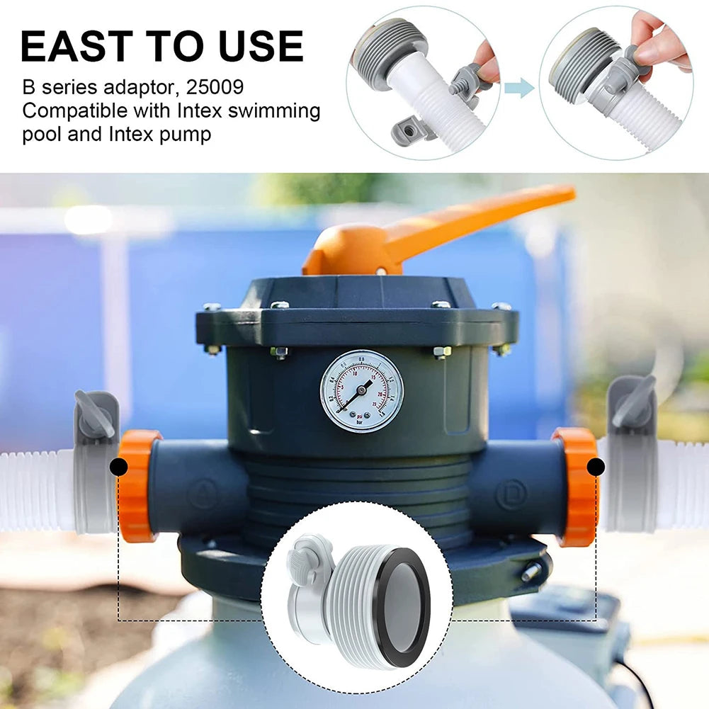 A close-up view of a pool hose adapter kit for filter pumps showing the B series adaptor and pump components.