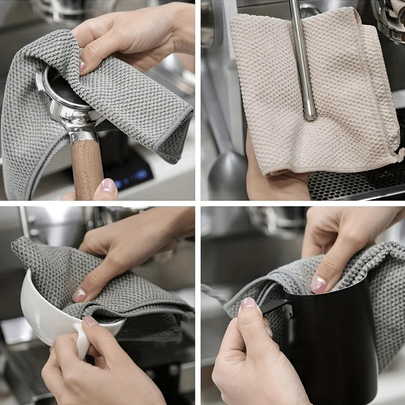 Hands are shown using waffle weave microfiber kitchen towels for cleaning and wiping tasks.