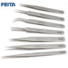 A collection of seven precision stainless steel tweezers with various sizes and markings shown against a white background.