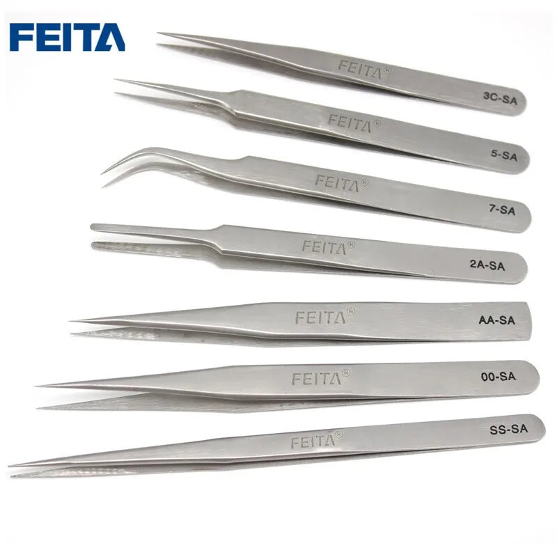 A collection of seven precision stainless steel tweezers with various sizes and markings shown against a white background.