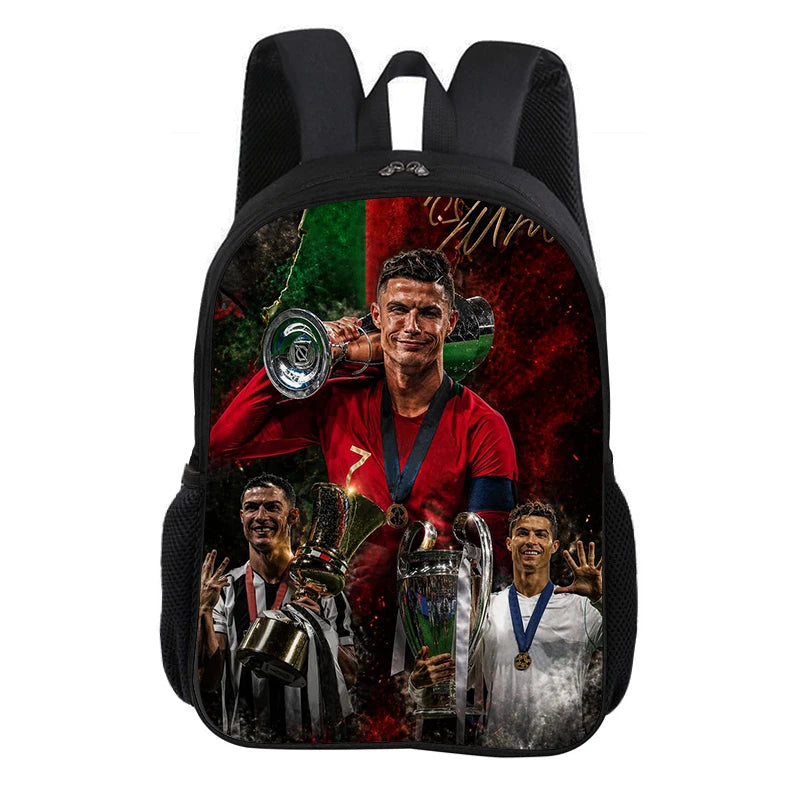 A black backpack featuring a soccer star design with images of football players and trophies.
