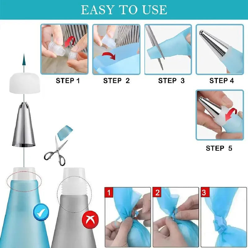 Reusable Silicone Piping Bag and Nozzle Set for Cake Decorating