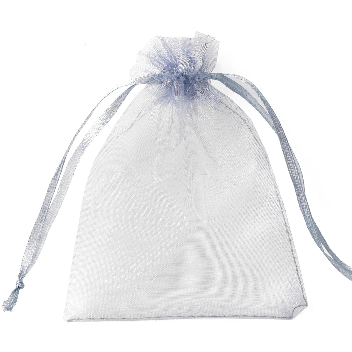 A clear mesh drawstring gift bag with a light blue tie, used for storing small items.