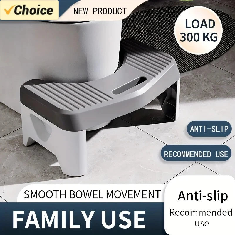 A gray and white comfort squatting stool designed for smooth bowel movement, recommended for family use.