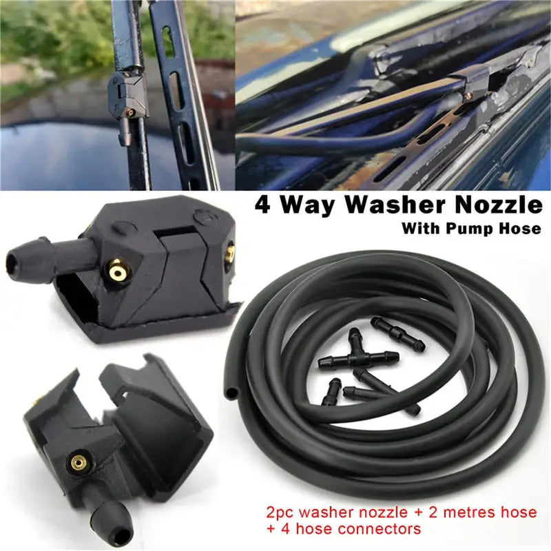 A set of 4-way washer nozzles and a 2-meter hose with four connectors for windshield washing.