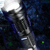A black adjustable aperture flashlight is shown illuminating a dark, textured background.