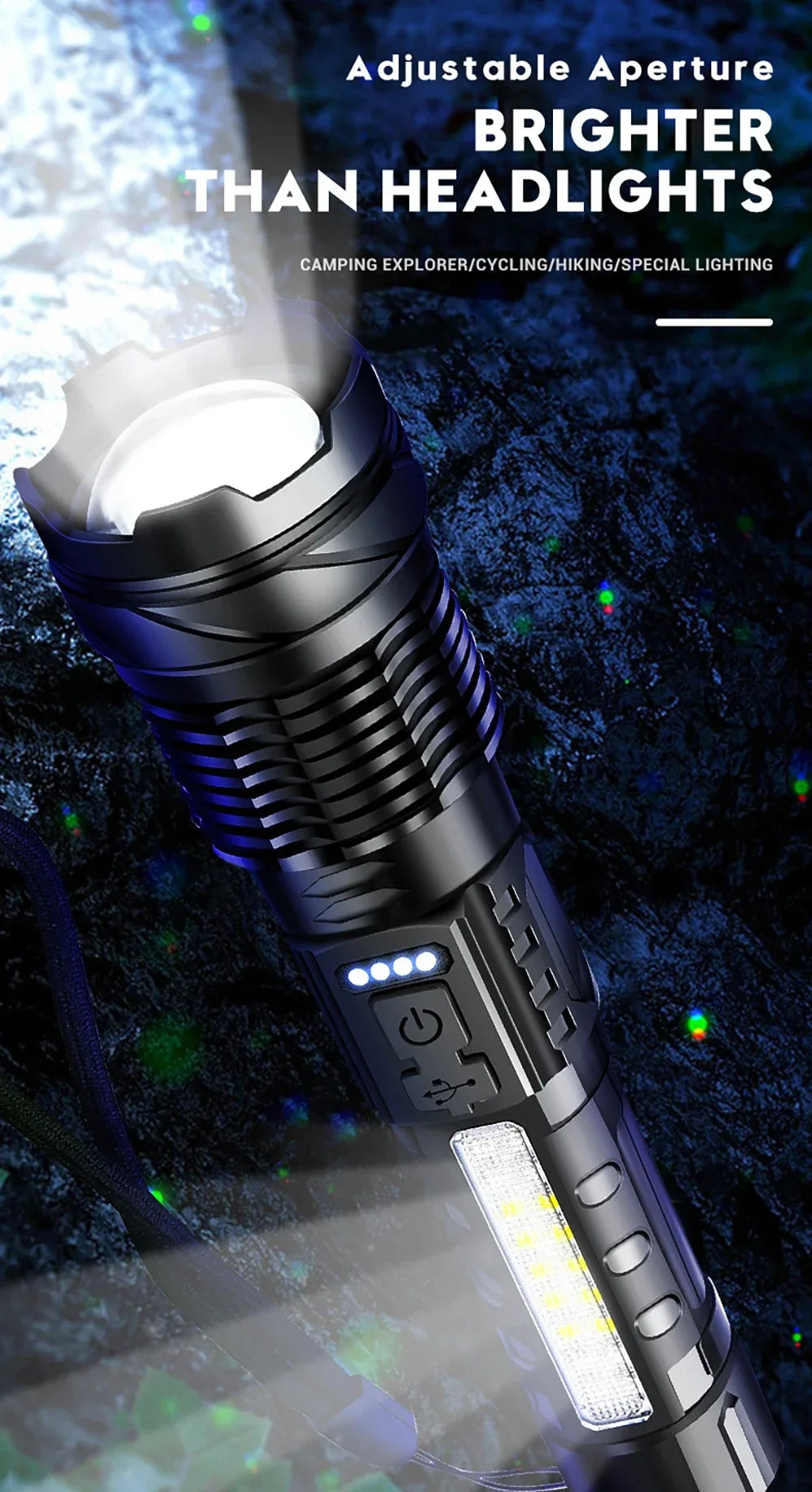 A black adjustable aperture flashlight is shown illuminating a dark, textured background.