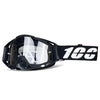 Black off-road motorcycle goggles with a clear lens and black strap
