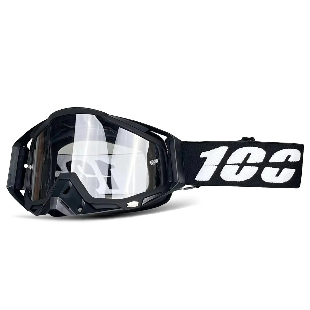 Black off-road motorcycle goggles with a clear lens and black strap