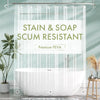 Clear stain and soap scum resistant PEVA shower curtain liner hanging on a rod