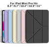 A set of foldable clear iPad cases for Mini, Pro, Air, and 11 inch models in various colors.