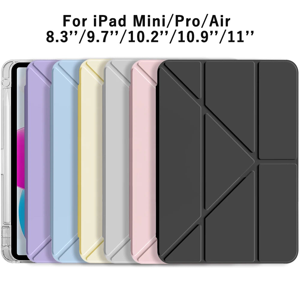 A set of foldable clear iPad cases for Mini, Pro, Air, and 11 inch models in various colors.