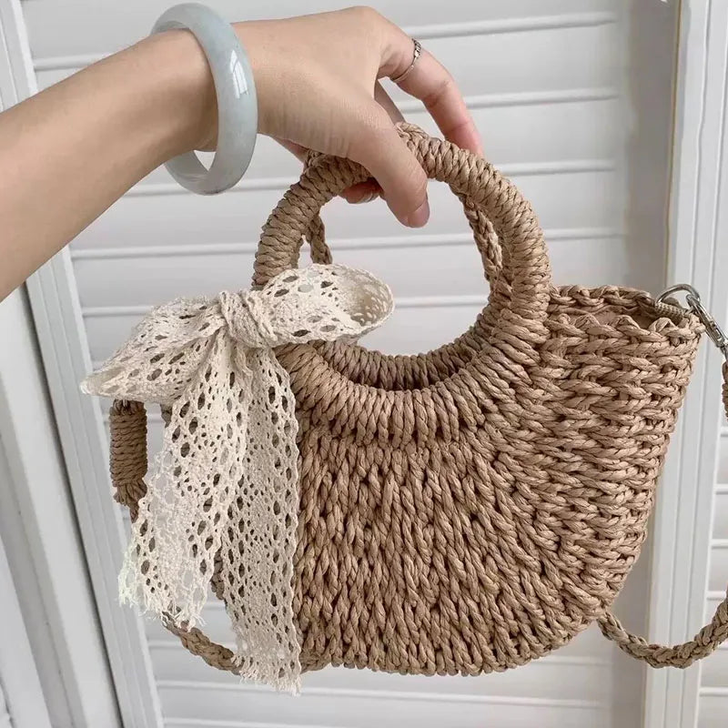 Handwoven Rattan Half-Moon Beach Bag