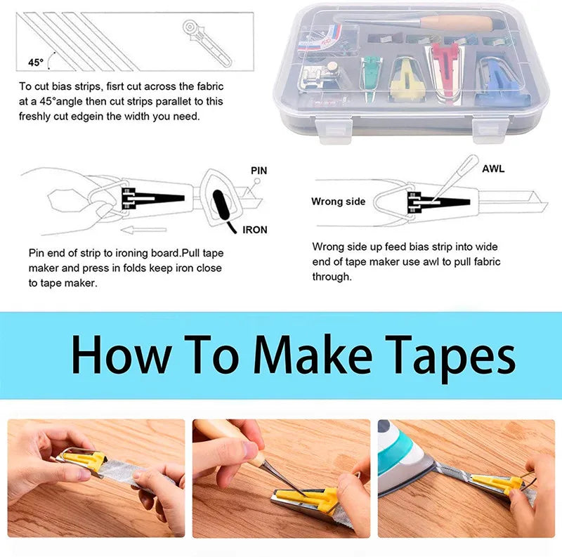 A set of tools for making bias tape including a binder foot and various cutting implements