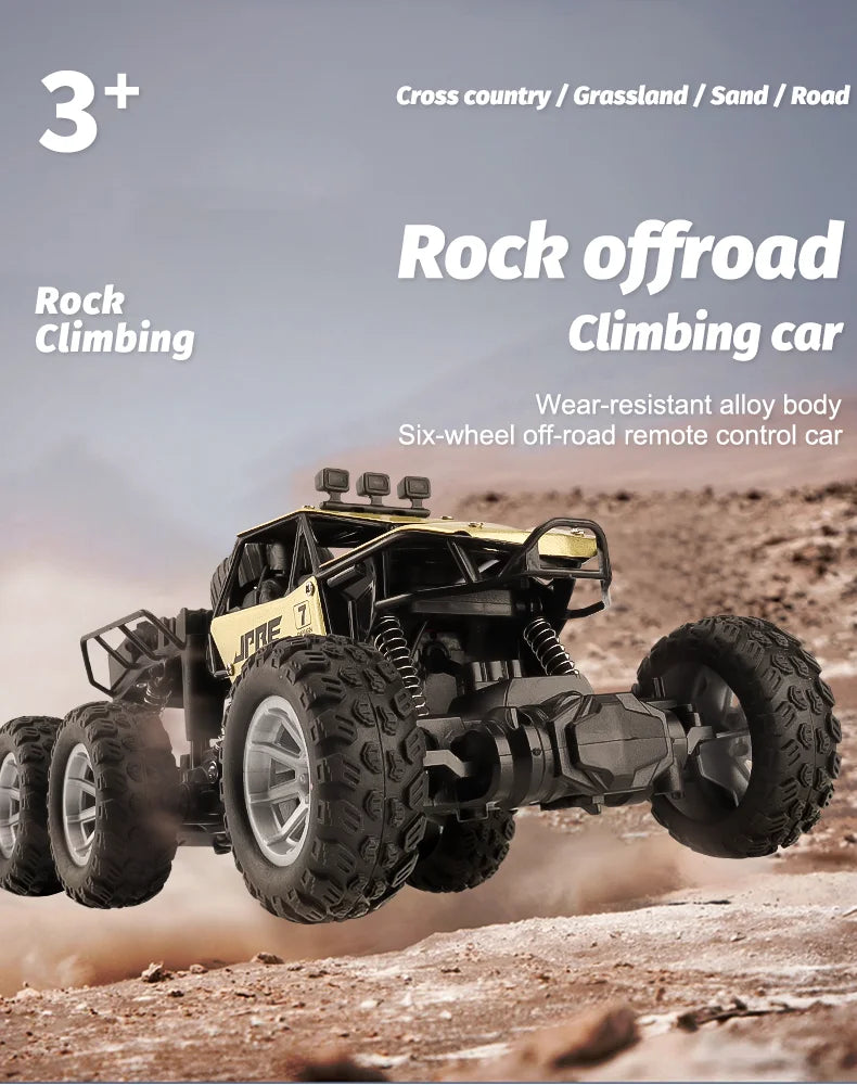 A yellow rock offroad climbing car is jumping over rough terrain on a dusty road.