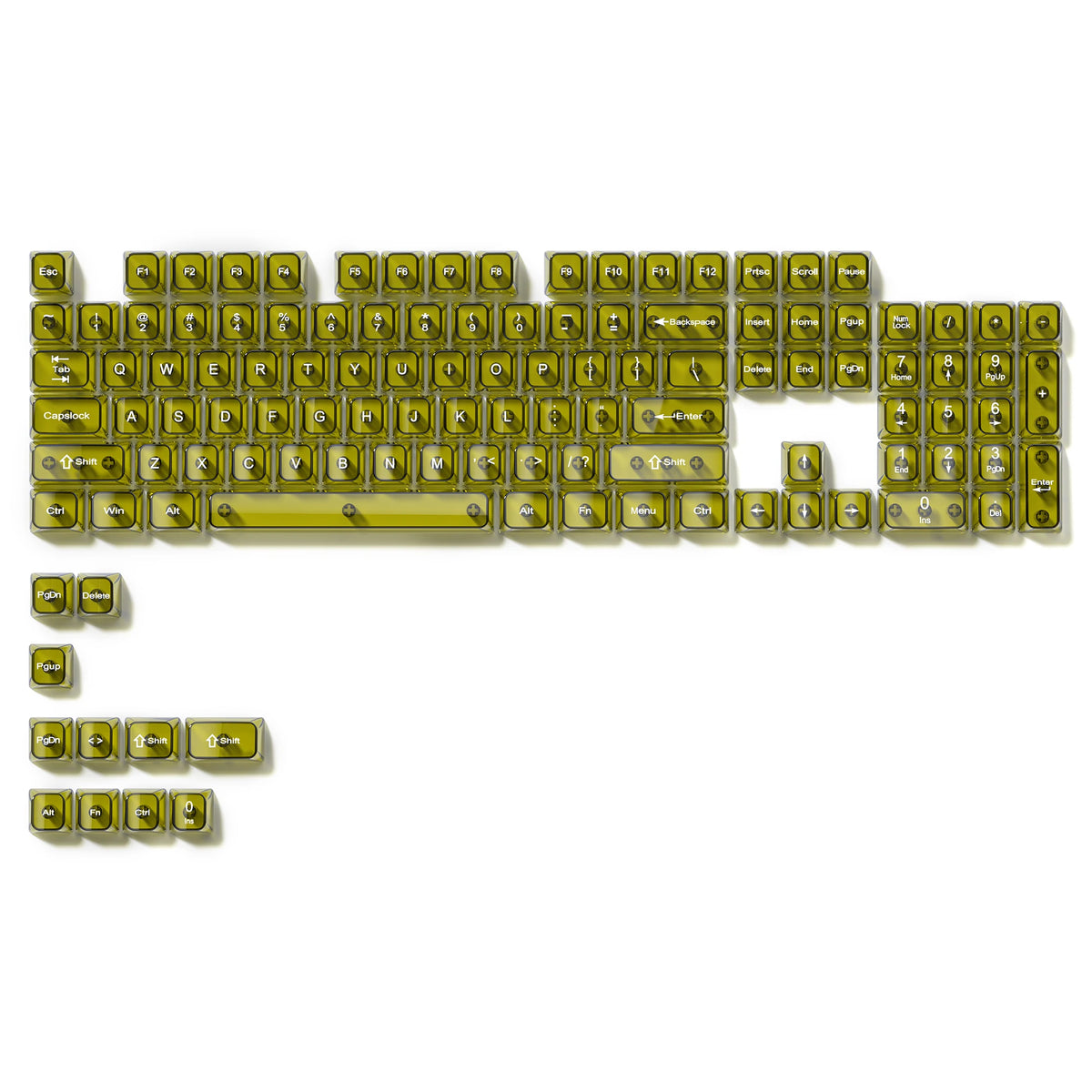 A full set of 115 keycaps with an MDA profile, crystal clear and RGB backlit.