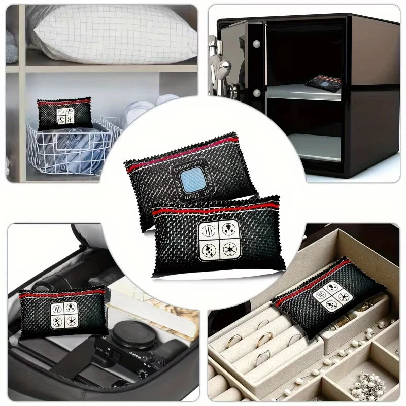 Reusable black bag for car dehumidifier with a visual humidity indicator and various storage options