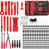 A red and black car trim removal tool kit with various tools and storage pouch.