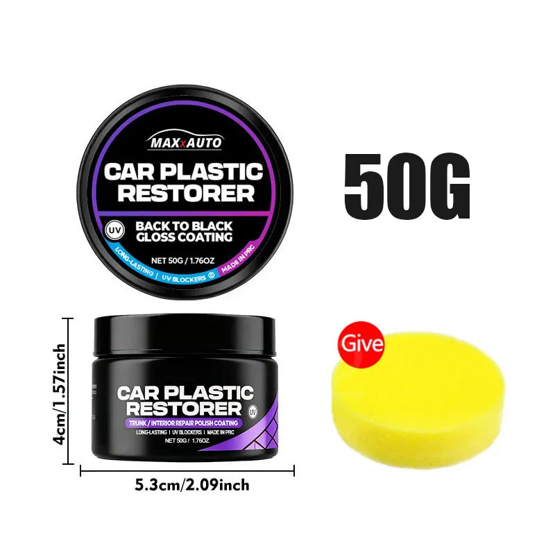 A black jar of Car Plastic Restorer with a yellow lid and a 50g label.