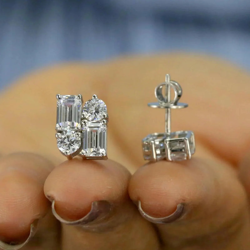 Round & Emerald Cut Moissanite Stud Earrings in Sterling Silver