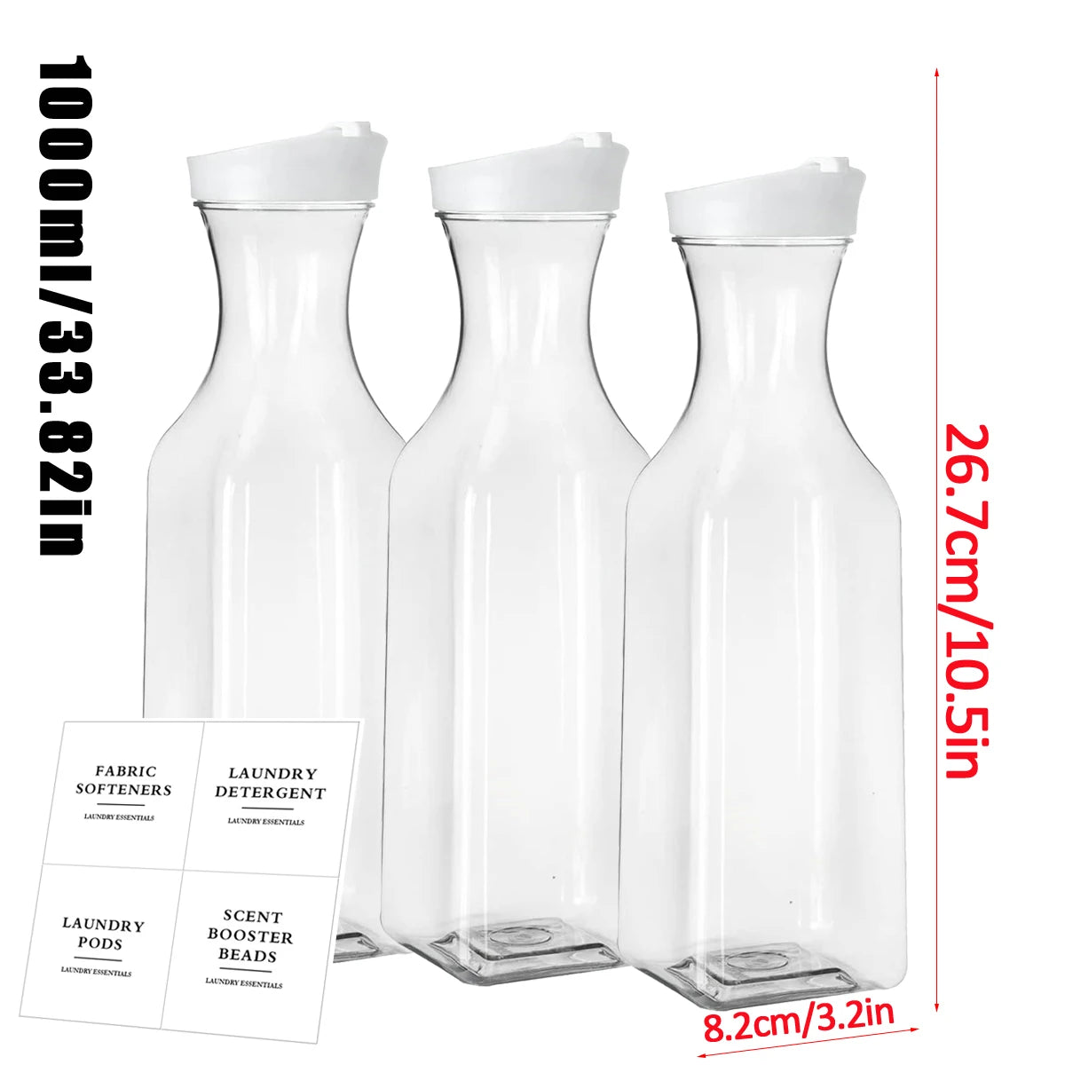 A set of three clear glass refillable laundry detergent dispenser bottles with white caps and labels.