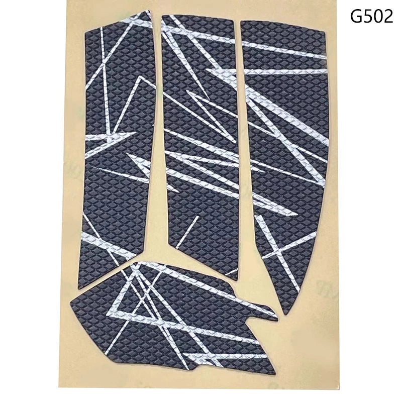 A black mouse grip tape with white lines and a distinctive shape, labeled G502.