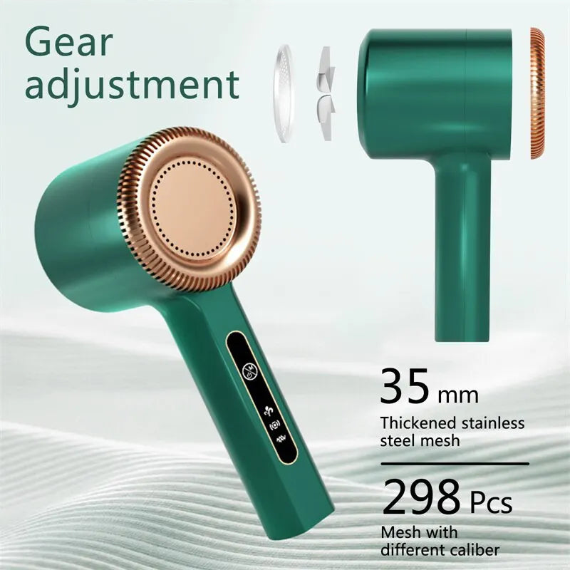 A teal electric lint remover tool with a brass mesh head and various replacement parts shown on a white background.