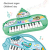 A green electronic organ toy piano and a blue music studio piano are shown.