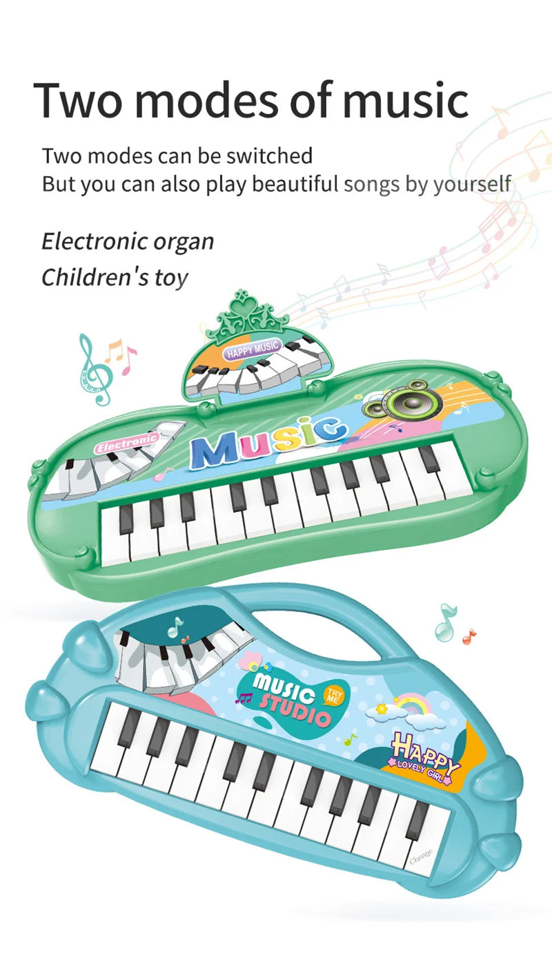 A green electronic organ toy piano and a blue music studio piano are shown.