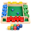 A wooden shut the box game board with dice and wooden blocks for a family game night