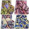 A collection of four panels showing pink, purple, and yellow African wax print fabric patterns.